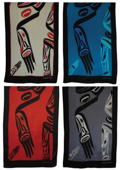 Dorothy Grant Satin Silk Scarf, 154 cm x 55 cm, Red, Charcoal, Classic, Turquoise.